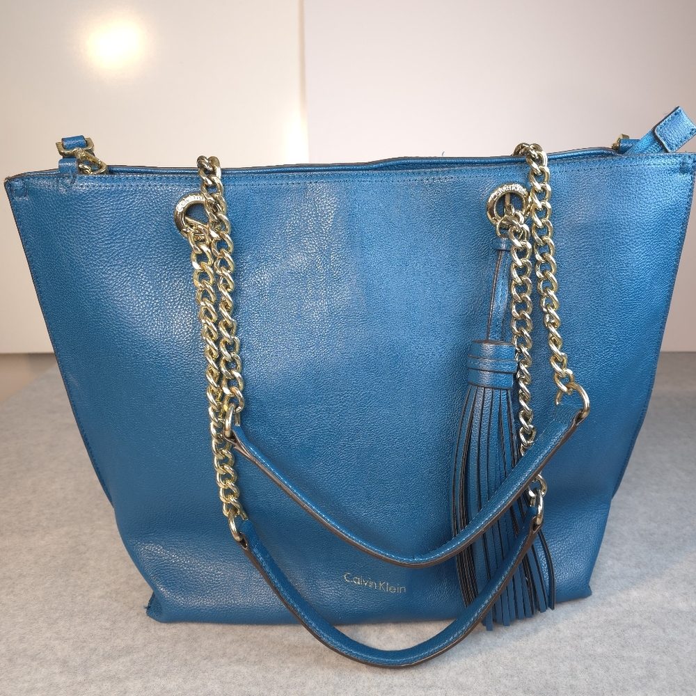 Calvin Klein Blue Tote with Gold Chain Straps